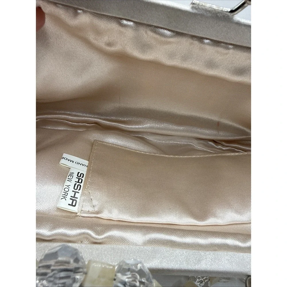 Vintage‎ Champagne Satin Pleated Evening Clutch with Beaded Strap By Sasha NY